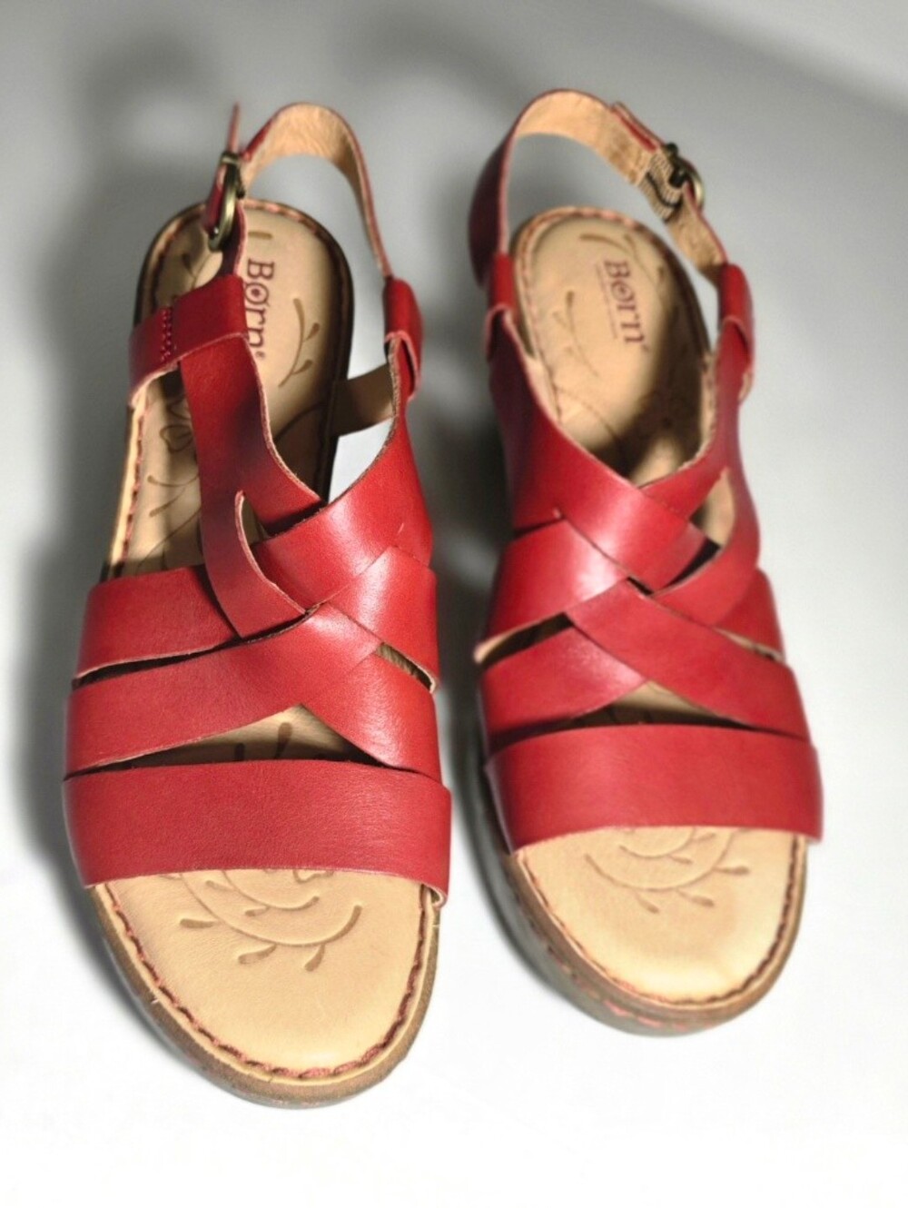 BORN Red Leather Strappy Wedge Sandal - Women 11 - Picture 7 of 11